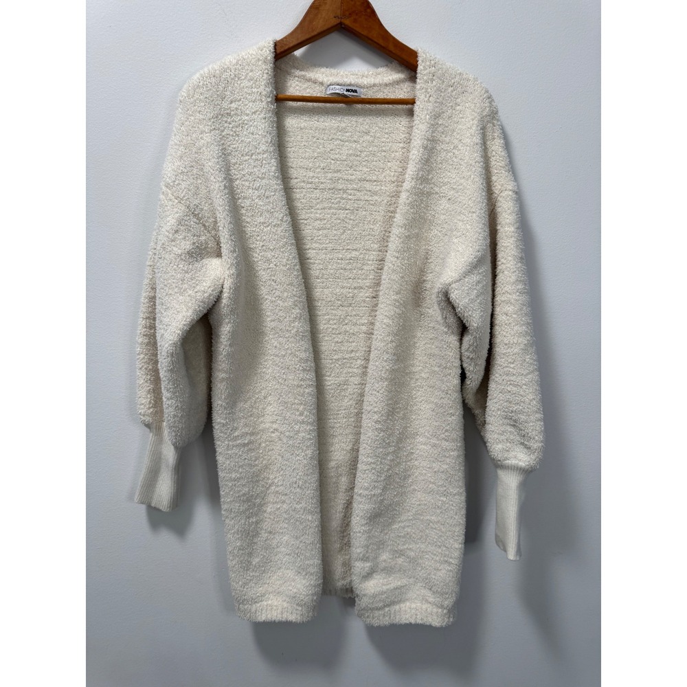 Fashion Nova Women's Cream Fuzzy Cozy Open Front Longline Cardigan Sweater S